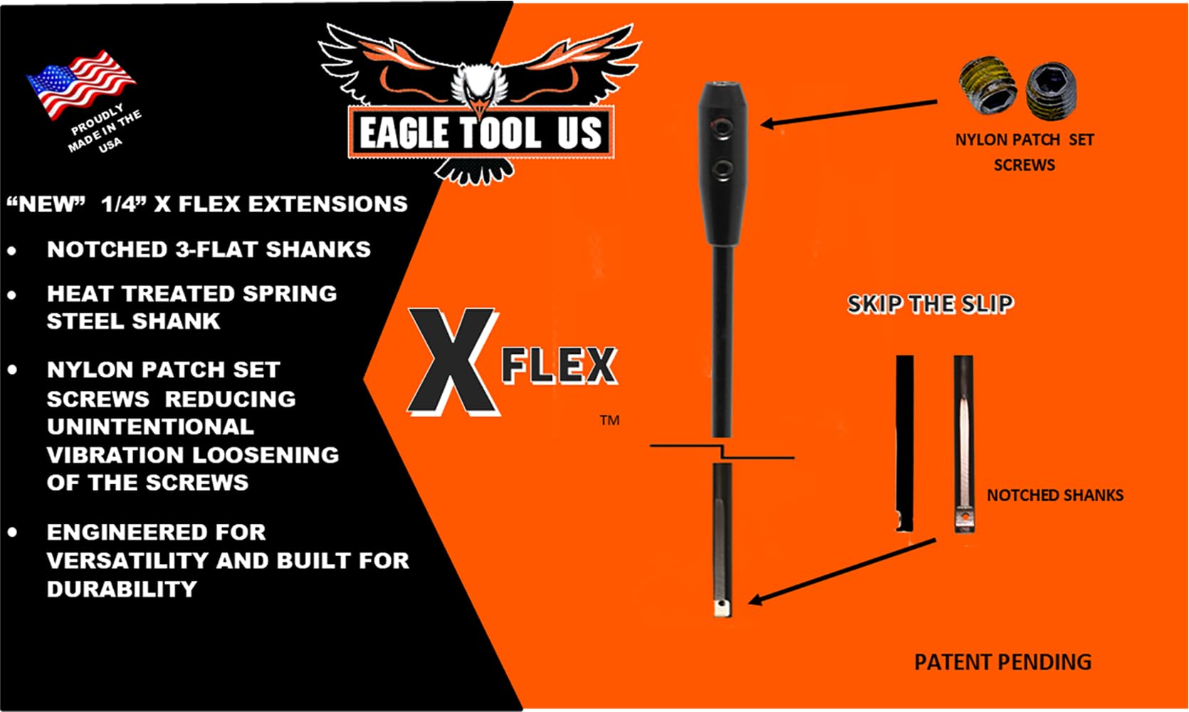 Eagle Tool US ETHX25018 X Flex Flex Drill Bit Extension, 1/4" Shank by 45,7 cm, con adattatore esagonale 1/4" Made in USA