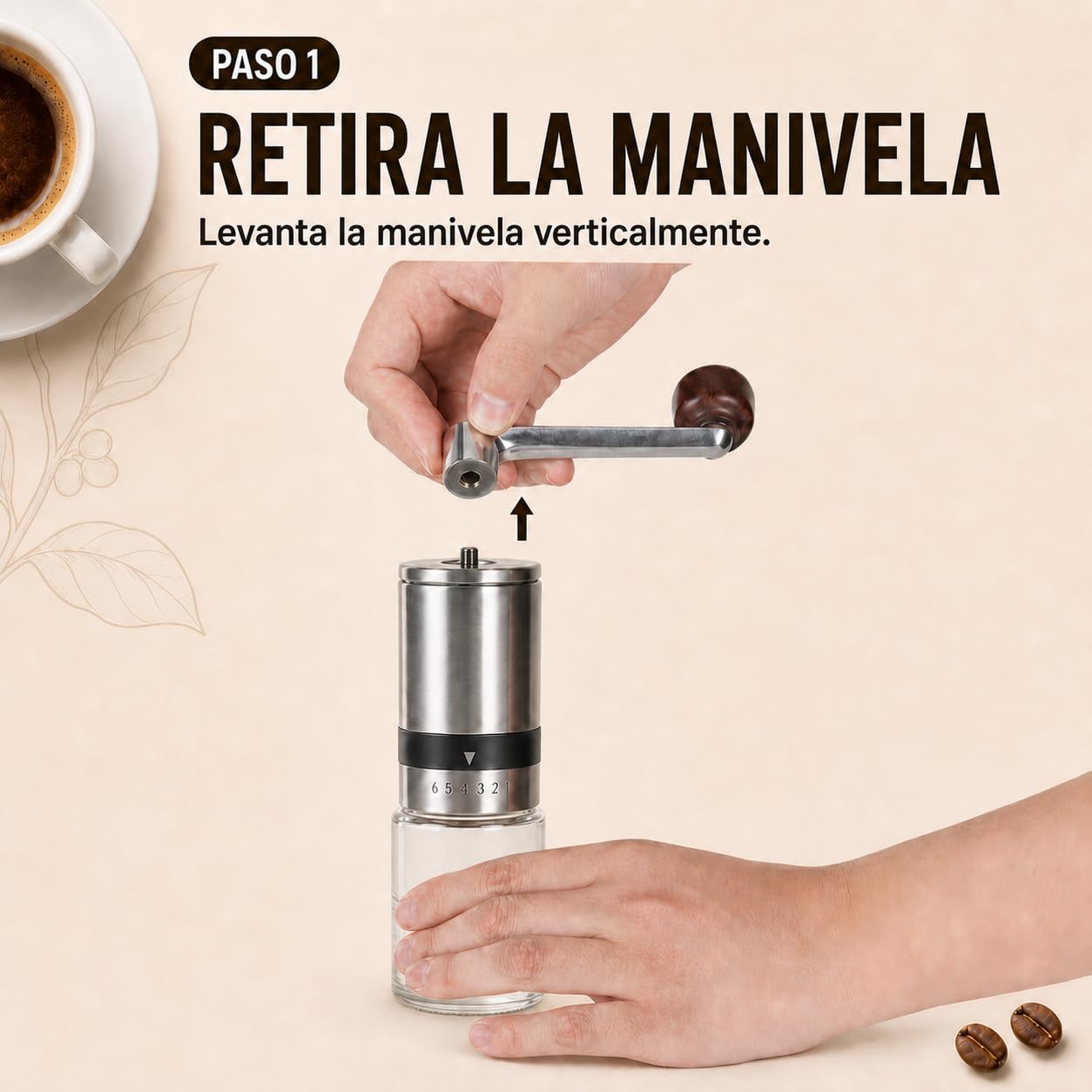 Molinillo de café manual plateado con 2 recipientes de cristal | Molinillo de cerámica de acero inoxidable para café expreso, café de filtro, prensa francesa, camping