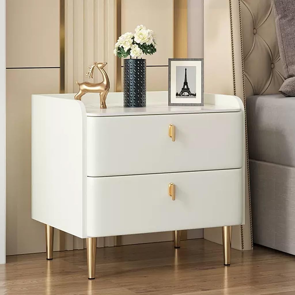 ASerZenith Nightstand Wrapped By Leather,Bedside Table W/Metal Handles And Marble Tabletop,Wood Night Stand 2 Drawer Dresser,Creamy White-45Cm