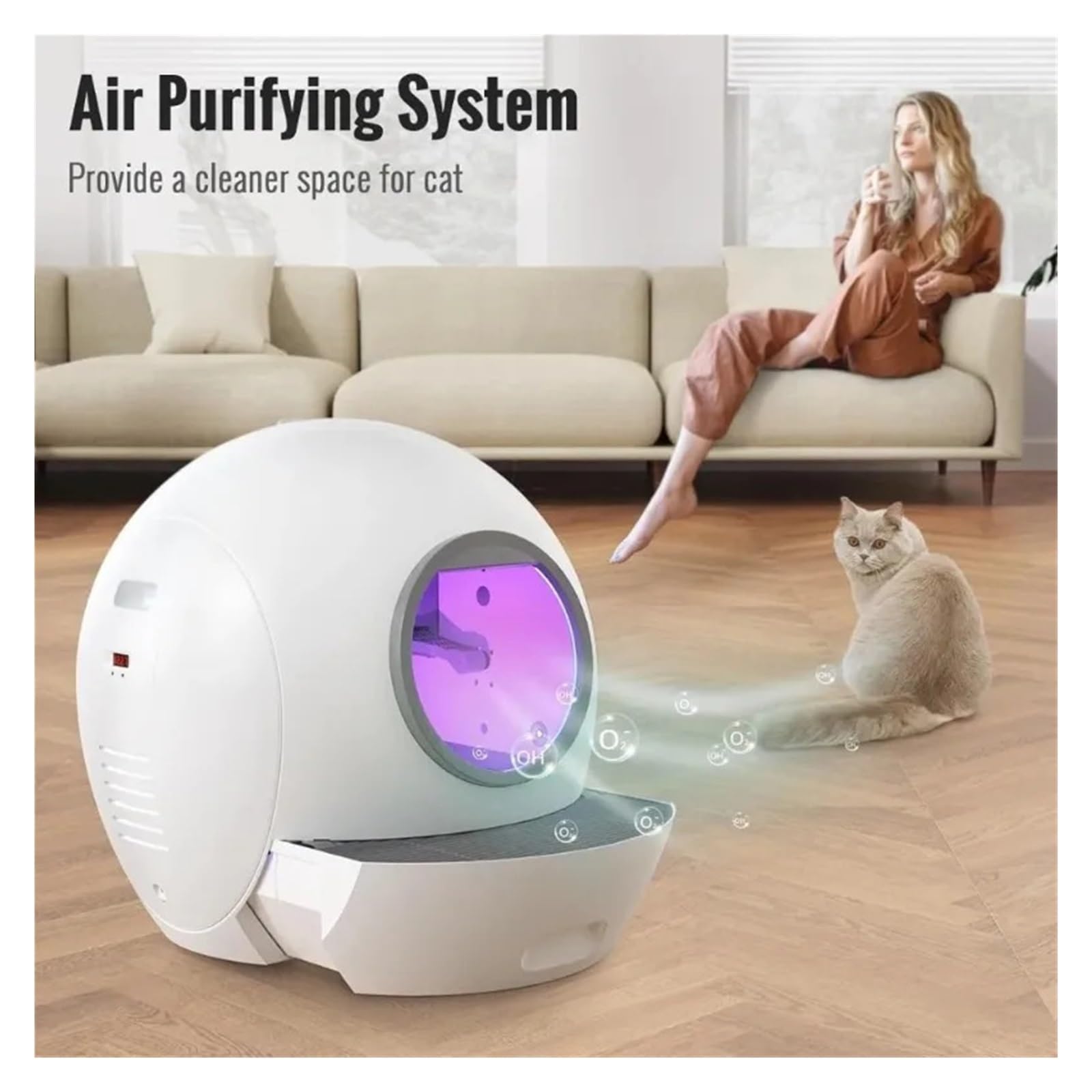 Lettiera Automatica for Gatti da 80 Litri con Promemoria App, for Autopulente Intelligente, Vassoio for Chiuso UV, Prodotti Multifunzionali for Animali Domestici Silenzioso E Pratico