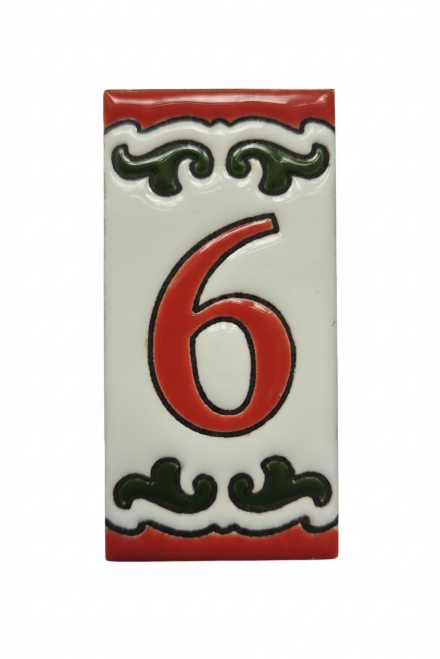 Spanish 7.5cm x 3.7cm Daniela-6 Red & Green Hand-painted Ceramic Number Tile (6)