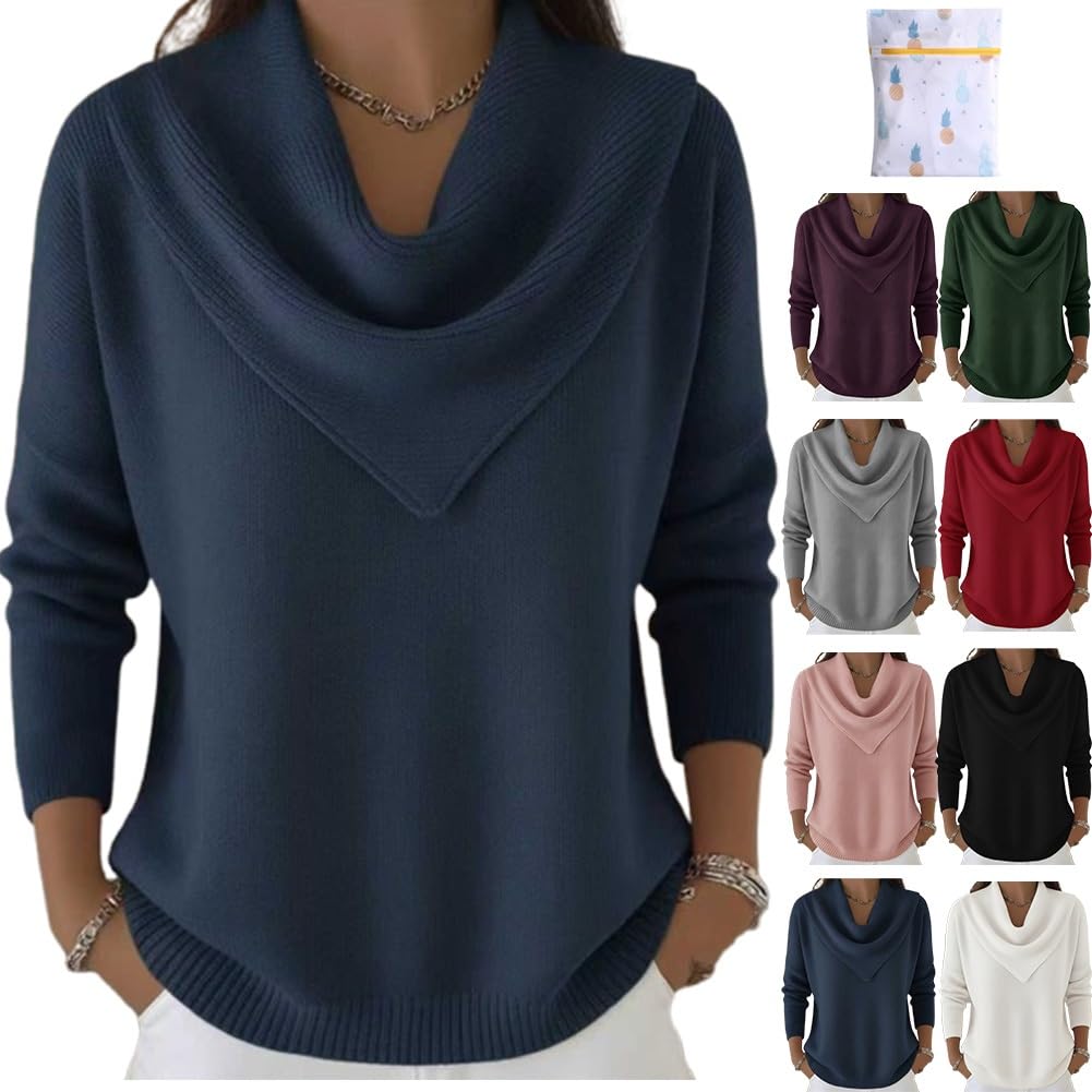 Elegant Retro Soft Triangle Neck Solid Color Sweater Top Cozy Cashmere Knitted Casual Clothes Pullover for Women
