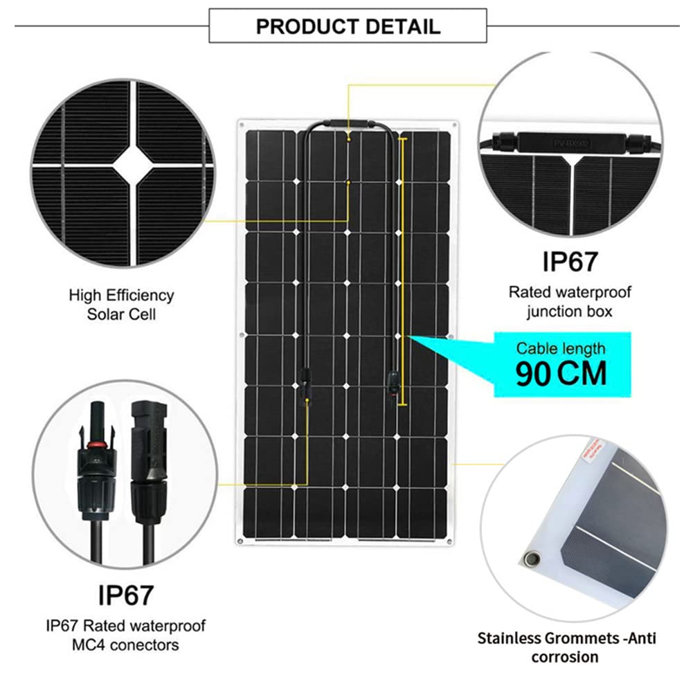 Kit de panel solar, kit completo de panel solar, paneles solares fotovoltaicos monocristalinos flexibles impermeables de alta eficiencia de 100 W y 18 V, con controlador de carga para el hogar, camp