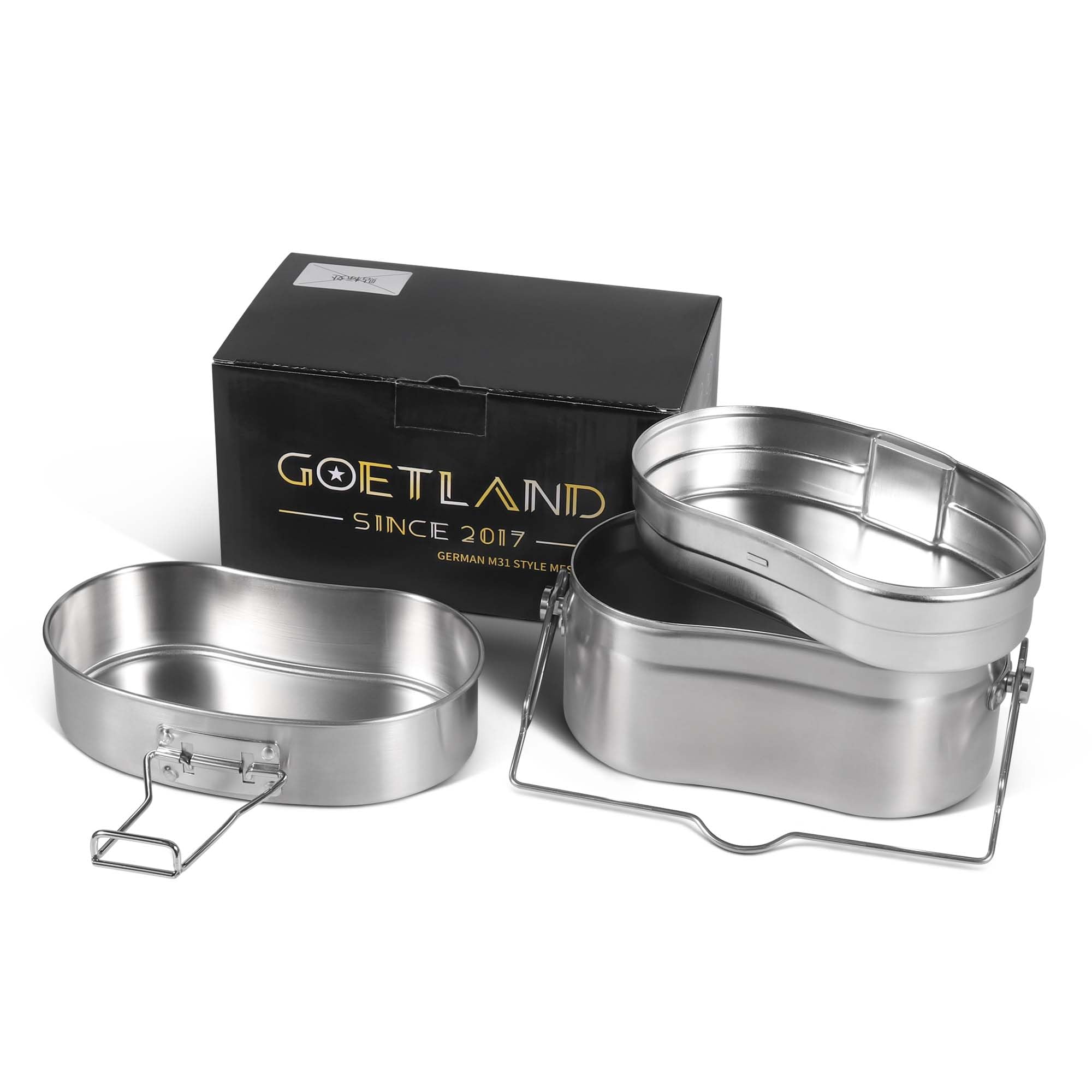 Goetland 3 Pieces German Style M31 Military Mess Kit Mess Tin 304 Stainless Steel Backpacking Cookware Set Camping Pot Pan Set