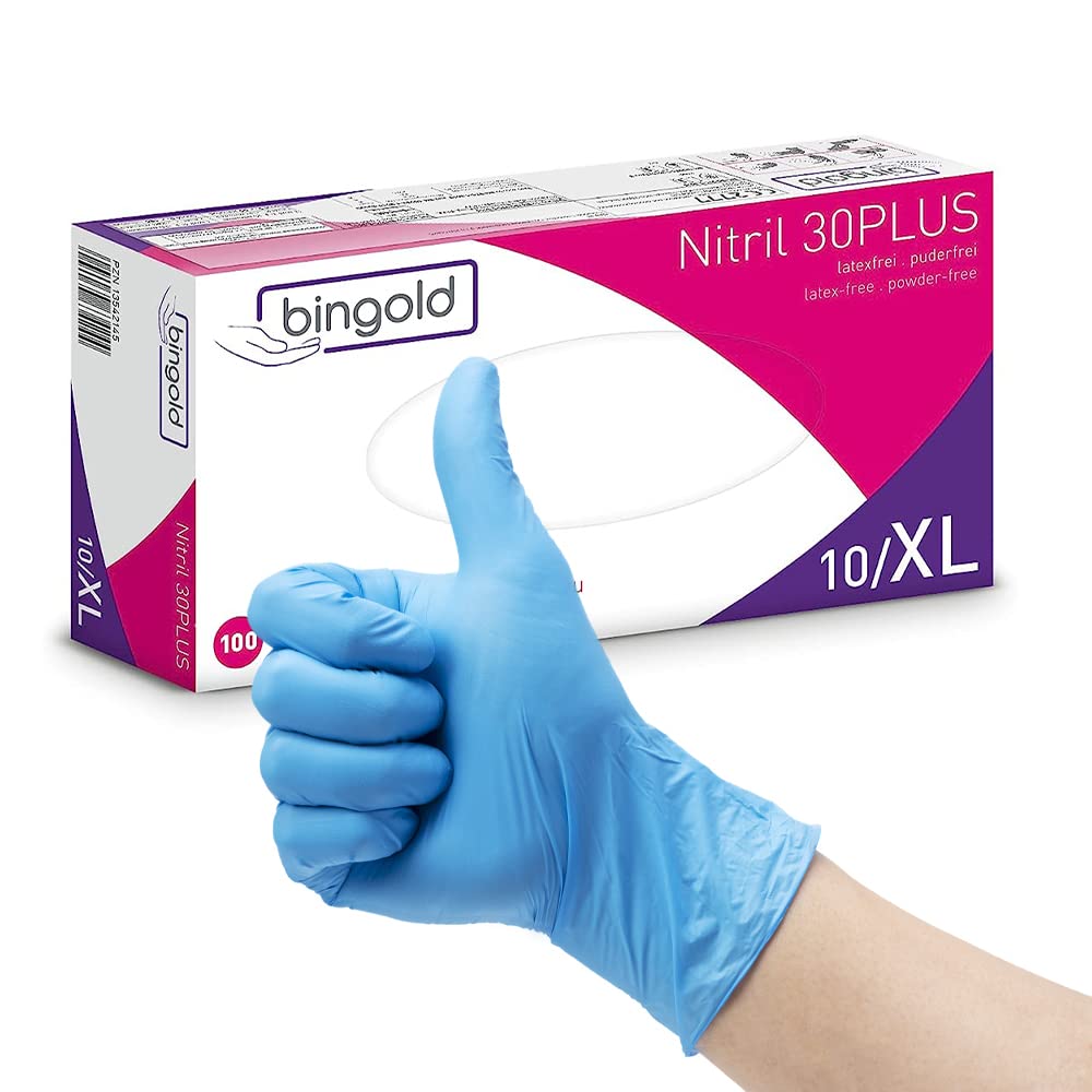 Generisch BINGOLD Nitril 30PLUS Einmalhandschuhe, Nitrilhandschuhe, 10x100 Stück, 1000 Stück, Größe XL, blau, puderfrei, latexfrei, unsteril, lebensmittelecht