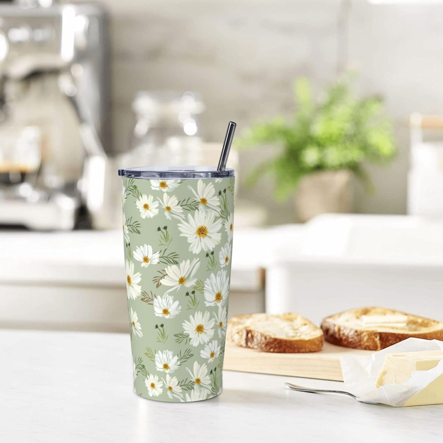 Cosmos Flower Tumblers, Green Daisy 20oz Stainless Steel Insulated Travel Tumblers,Travel Coffee Mug with Lid and Straw Cups Gifts for Women Men - Image 7