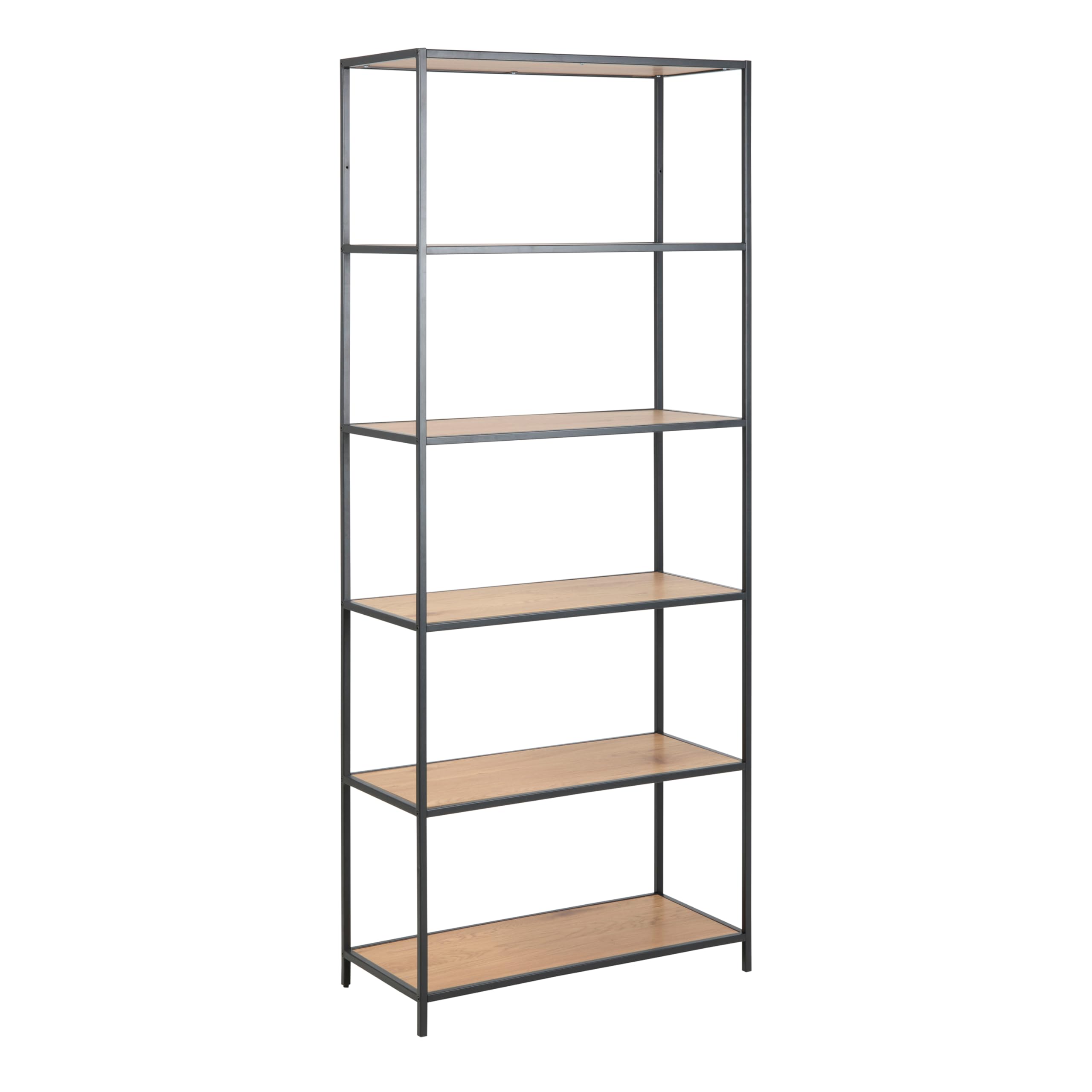 Furniture To Go | Seaford Tall Black Metal Bookcase with 5 Shelves in Oak