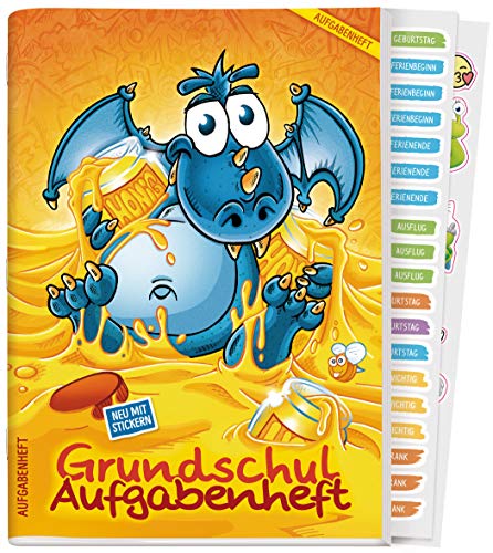 Preisvergleich Produktbild Hausaufgabenheft Grundschule A5 ohne Datumsbindung [Honig-Drache] Aufgabenheft + Sticker, Lerntipps, spannendes Wissen, Lern- und Denkspiele! Nachhaltig & klimaneutral