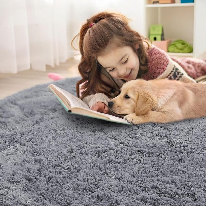 Image of Carpets for Living Room 7x7 Feet Round, Grey Color, Microfiber, Anti Skid Rug