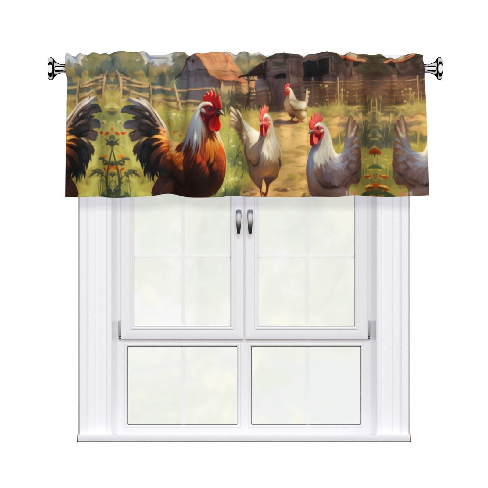 Yyhwhjde Black Chickens And Farm Printed Short Curtains With Valance Rod 54X18in Home Decor For Kitchen Bathroom Laundry Room Studio Upper Window