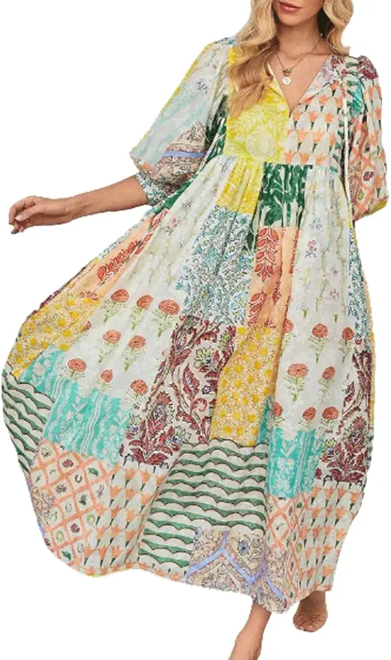 Vestido longo feminino Boho floral estampado verão lanterna meia manga praia rodado solto vestido de verão