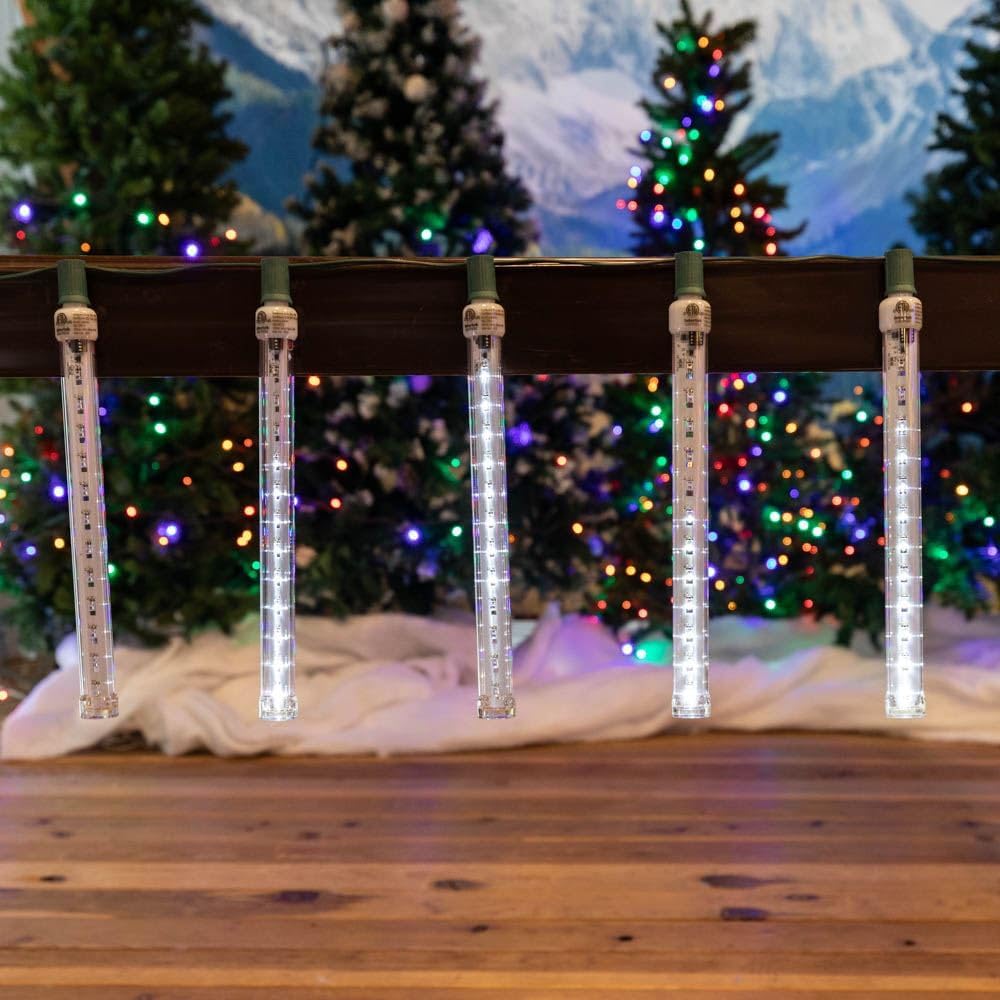 Novelty Lights Meteor Shower Lights, 12 Inch Pure White LED Cascading Starfall Icicle Tubes, Pack of 5, UL Listed, Durable Polycarbonate Lens, E17/C9 Standard Base, 120V, Indoor/Outdoor