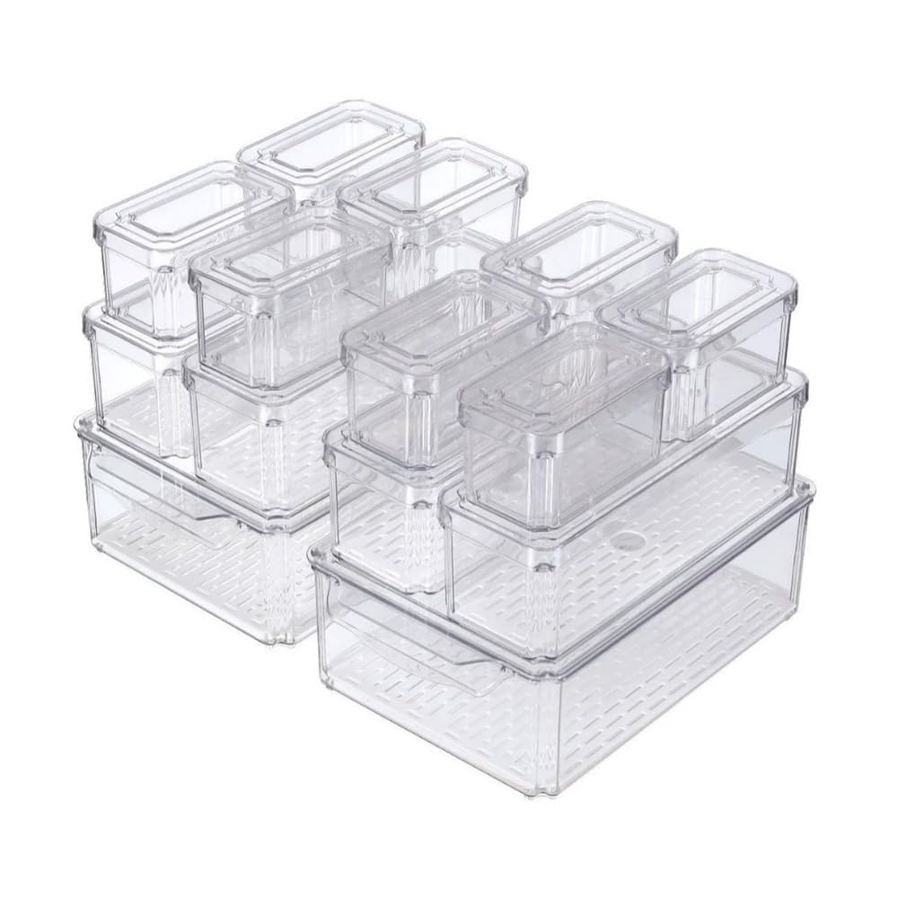 BEOSIOR 14Pack Clear Fridge Organisers, Stackable Refrigerator Organizer Bins with Lids & Drain Trays, Fridge Containers Food Storage Boxes for Vegetable Fruit Egg Meat - Pantry Cabinet Organization
