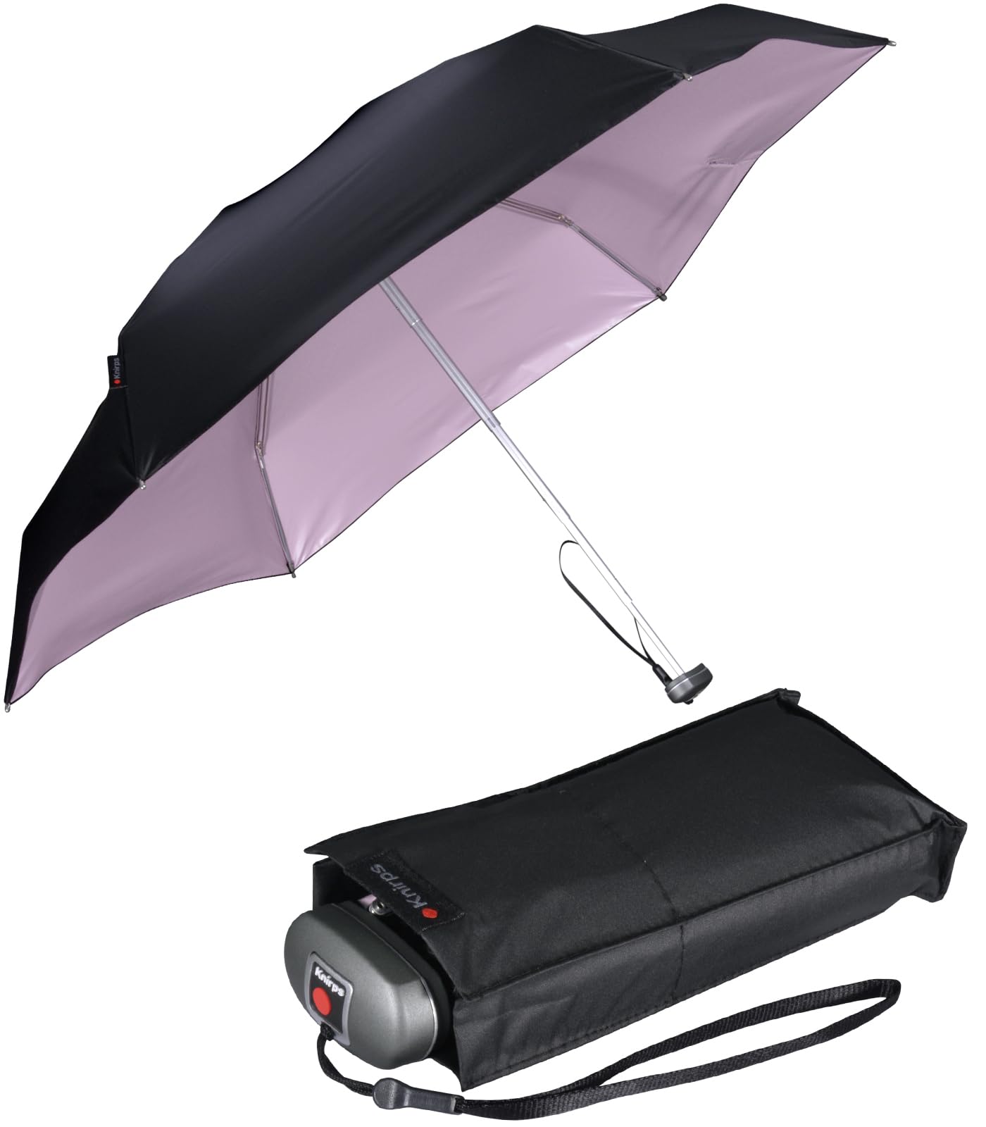 Knirps Ombrello tascabile da viaggio, Nero - rivestimento rosa - protezione UV, 93