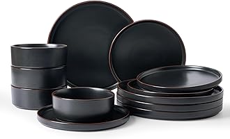 Famiware Nebula Ridge Stoneware Dinnerware Sets, Plates and Bowls Sets for 4, 12 Pieces Dishes Set, Microwave and Dishwasher Safe Kitchen Plates, Matte Black