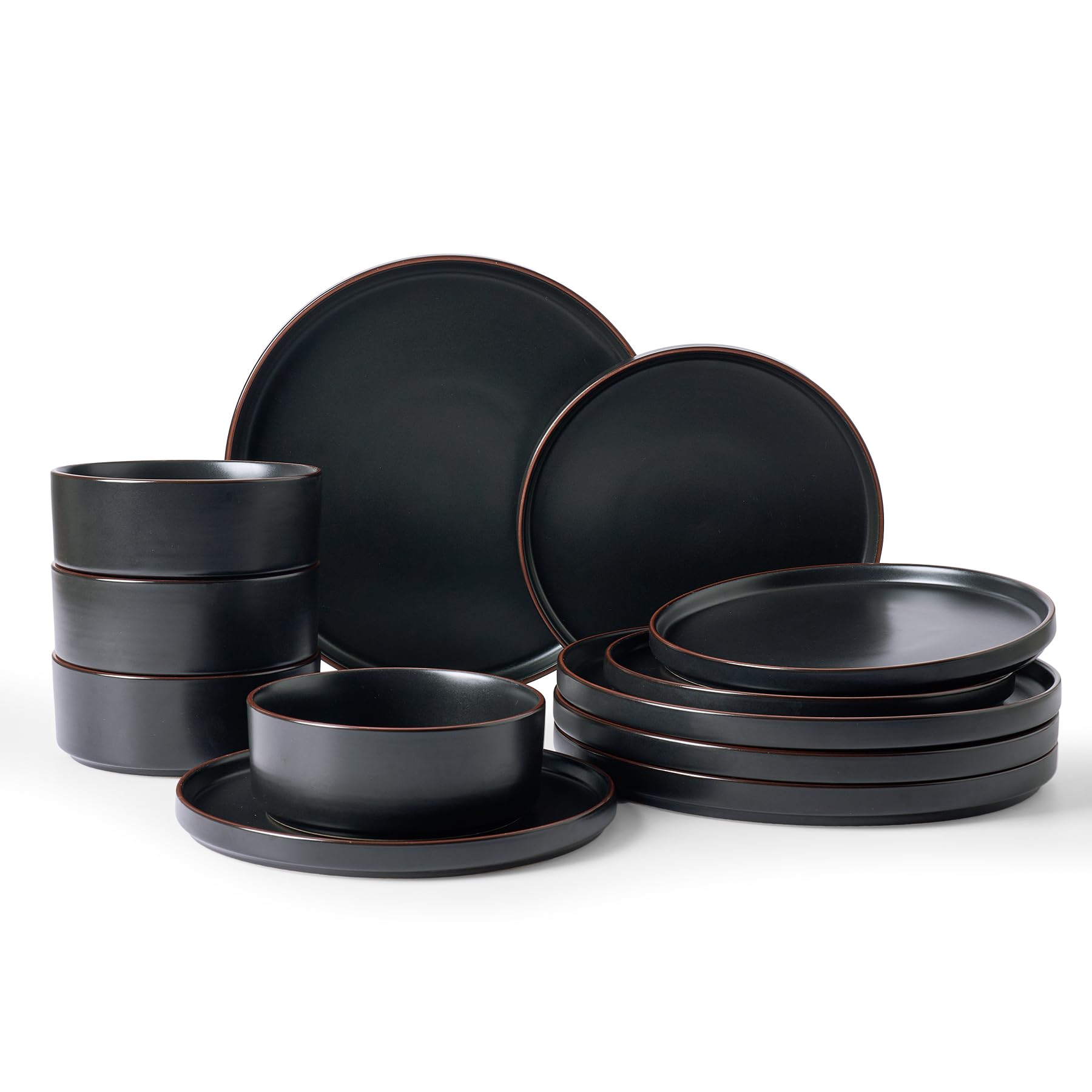 Famiware Nebula Ridge Stoneware Dinnerware Sets, Plates and Bowls Sets for 4, 12 Pieces Dishes Set, Microwave and Dishwasher Safe Kitchen Plates, Matte Black
