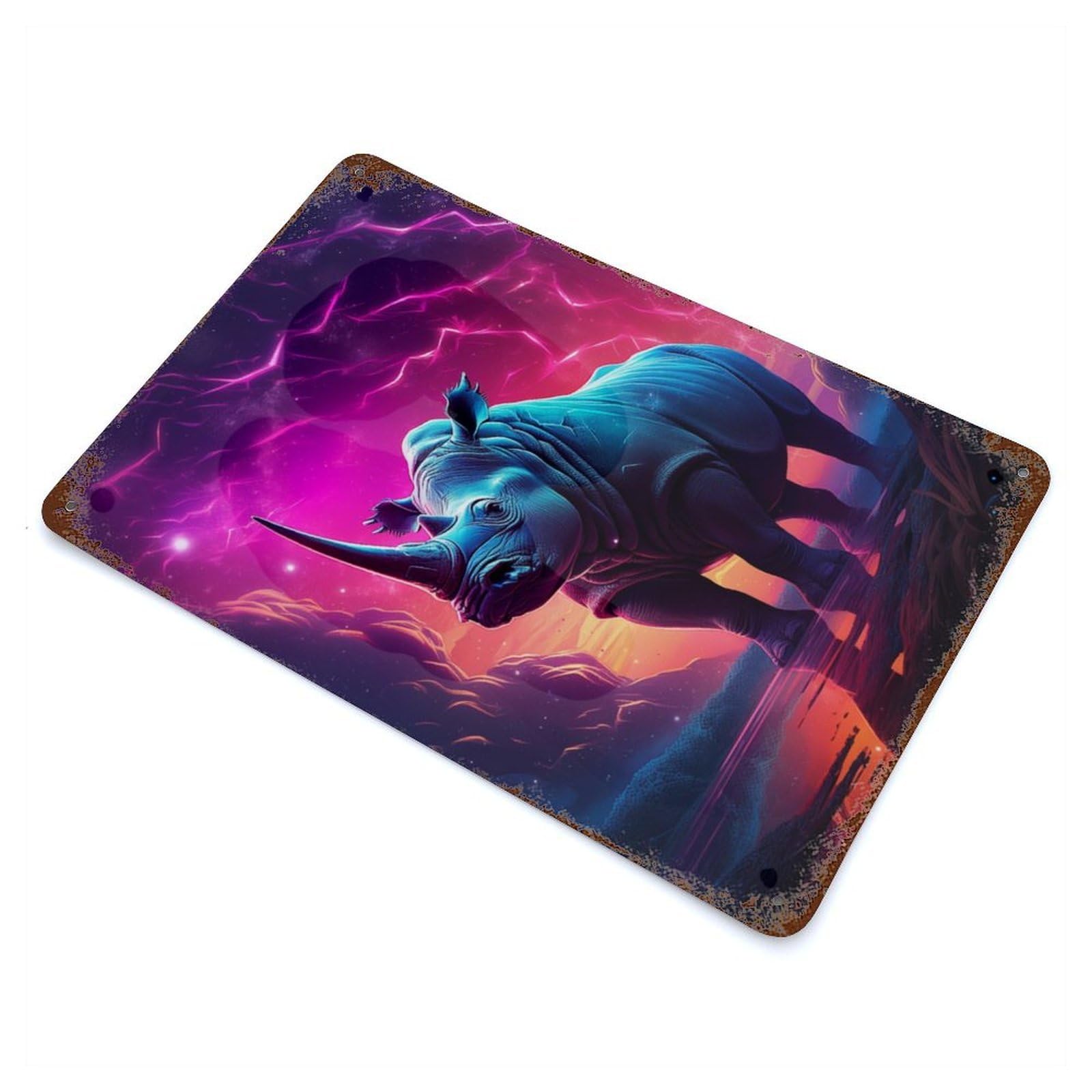 Garage Style Synthwave Rhino Rust Effect Tin Sign 11.8"x7.9", Classic Wall Plaque for Bar And Workshop