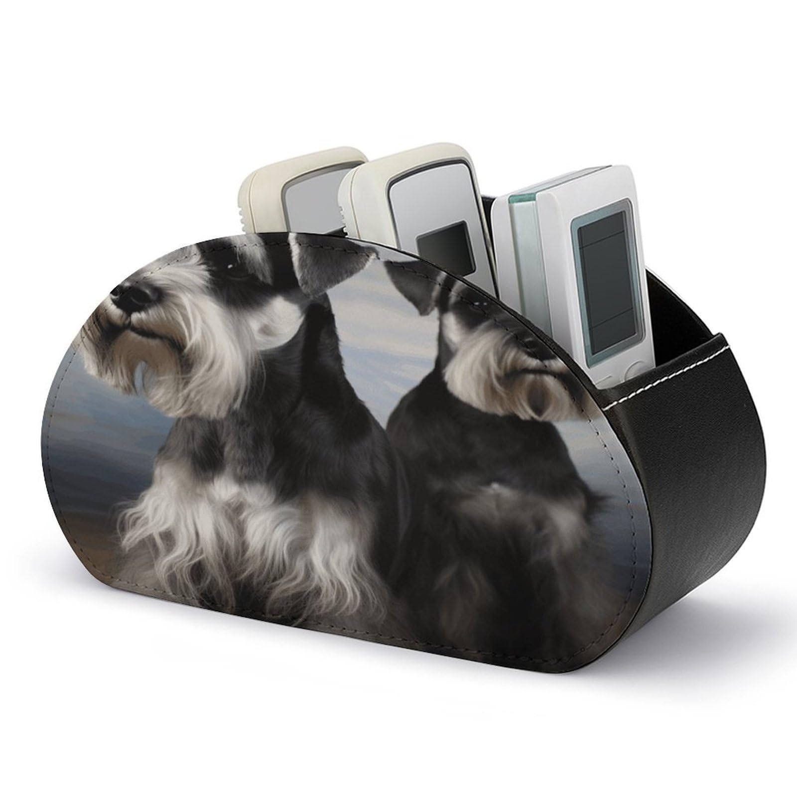 VstaDank Animal Schnauzer Dog Remote Control Holder with 5 Compartments PU Leather Remote Caddy Desktop Organizer Store TV Remote Control Storage Box for Home Office Desk Nightstand