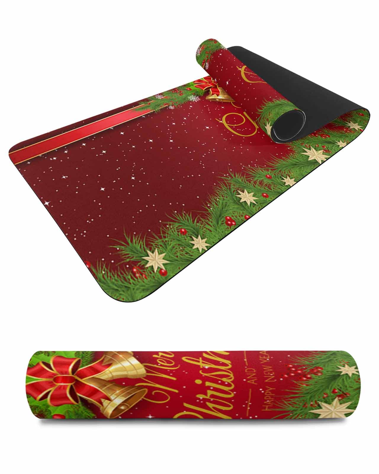 Debedcor Heat Proof Table Pads Waterproof Decorative, Red Merry Christmas Non-Slip Table Countertop Protector, Happy New Year Bell Snowflake Pine Insulation Mat for Kitchen Room, 40 x 12 Inches