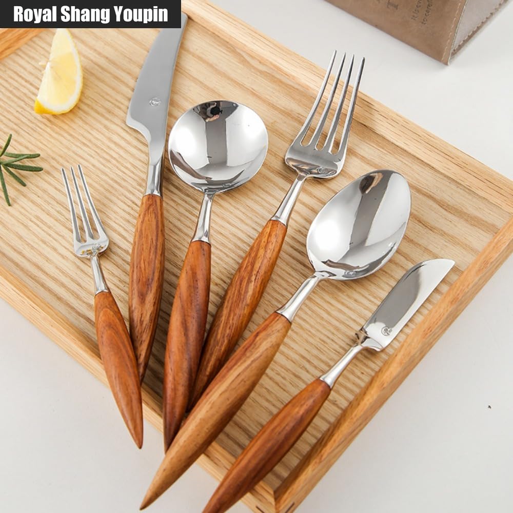 Royal Shang Youpin Rosewood Solid Wood Handle Kitchen Stainless Steel Silverware Tableware Flatware Cutlery Set Steak Knife Fork Spoon Teaspoon (7 pieces)
