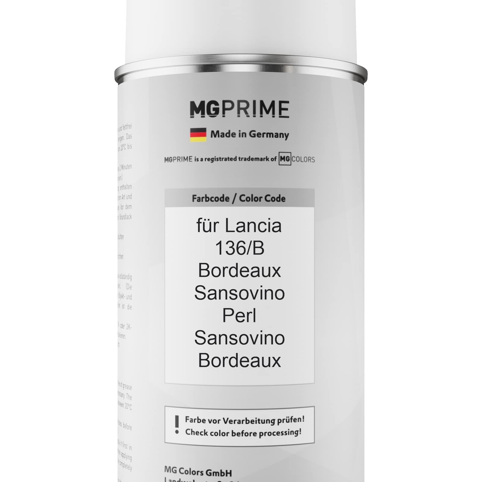 MG PRIME Vernice per auto Kit di bombolette a spruzzo per Lancia 136/B Bordeaux Sansovino Perl/Sansovino Bordeaux Bomboletta spray da 400ml di vernice di base vernice trasparente