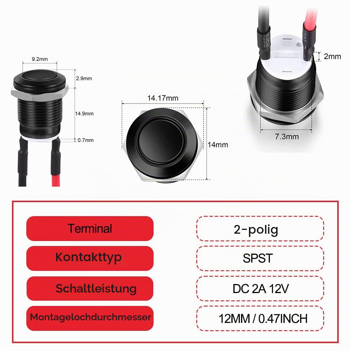Autohupe Taster 16mm 12V EPLZON 16 Mm Blau Beleuchtete Drucktaste – 12V Momentan-Schalter Mit Stecker, Für Auto & Co