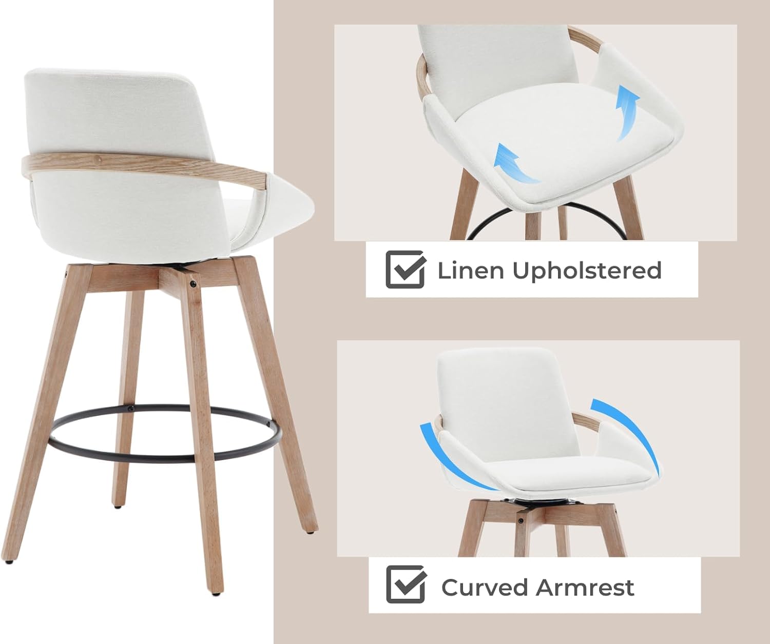 EALSON Swivel Counter Height Bar Stools Set of 2 Mid Century Modern Natural Wood Barstools with Back and Arms Comfortable Upholstered Counter Stools Linen Bar Chairs for Kitchen Island, Beige