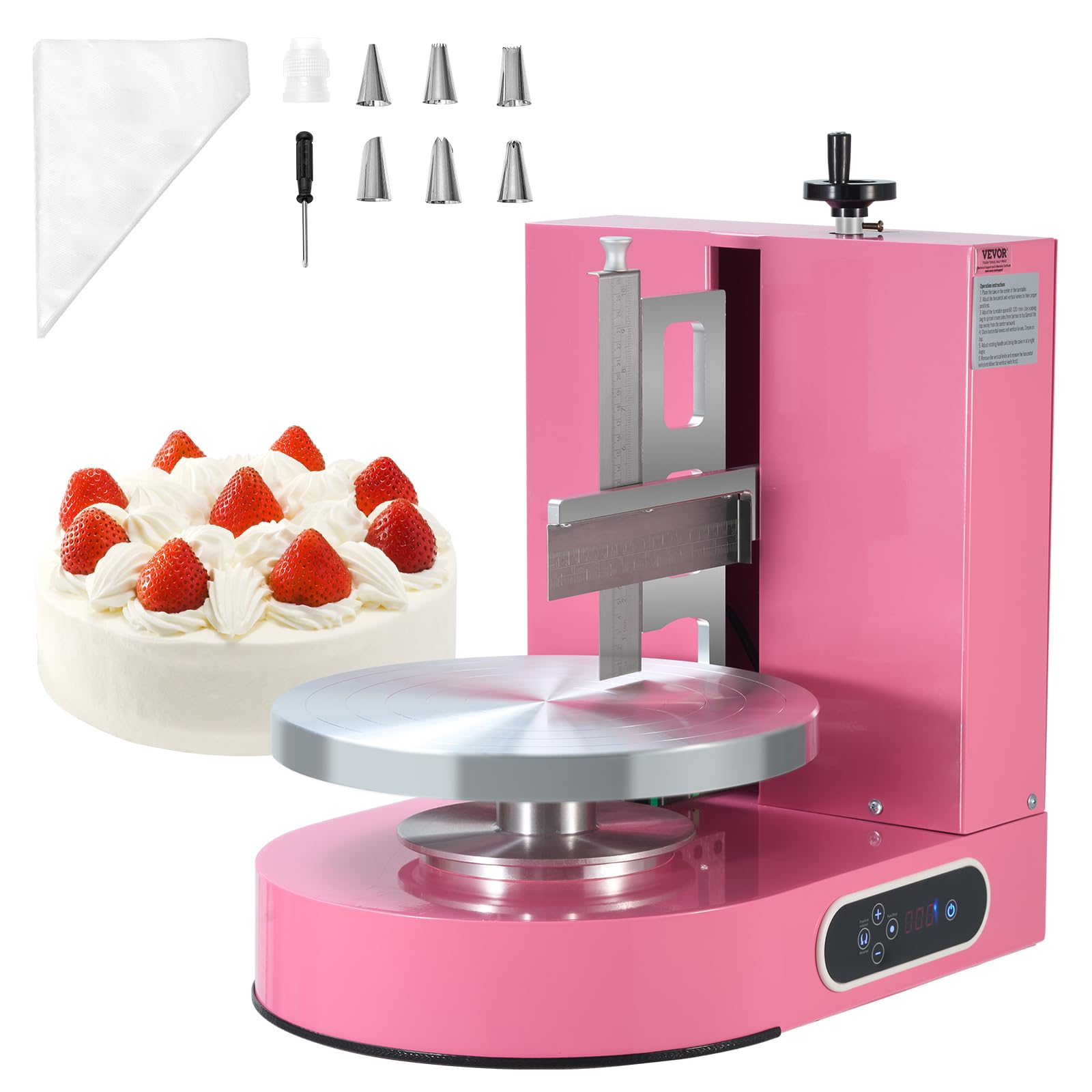 VEVOR Cake Decorating Machine in pink, with a cake base on the turntable, ready for frosting.