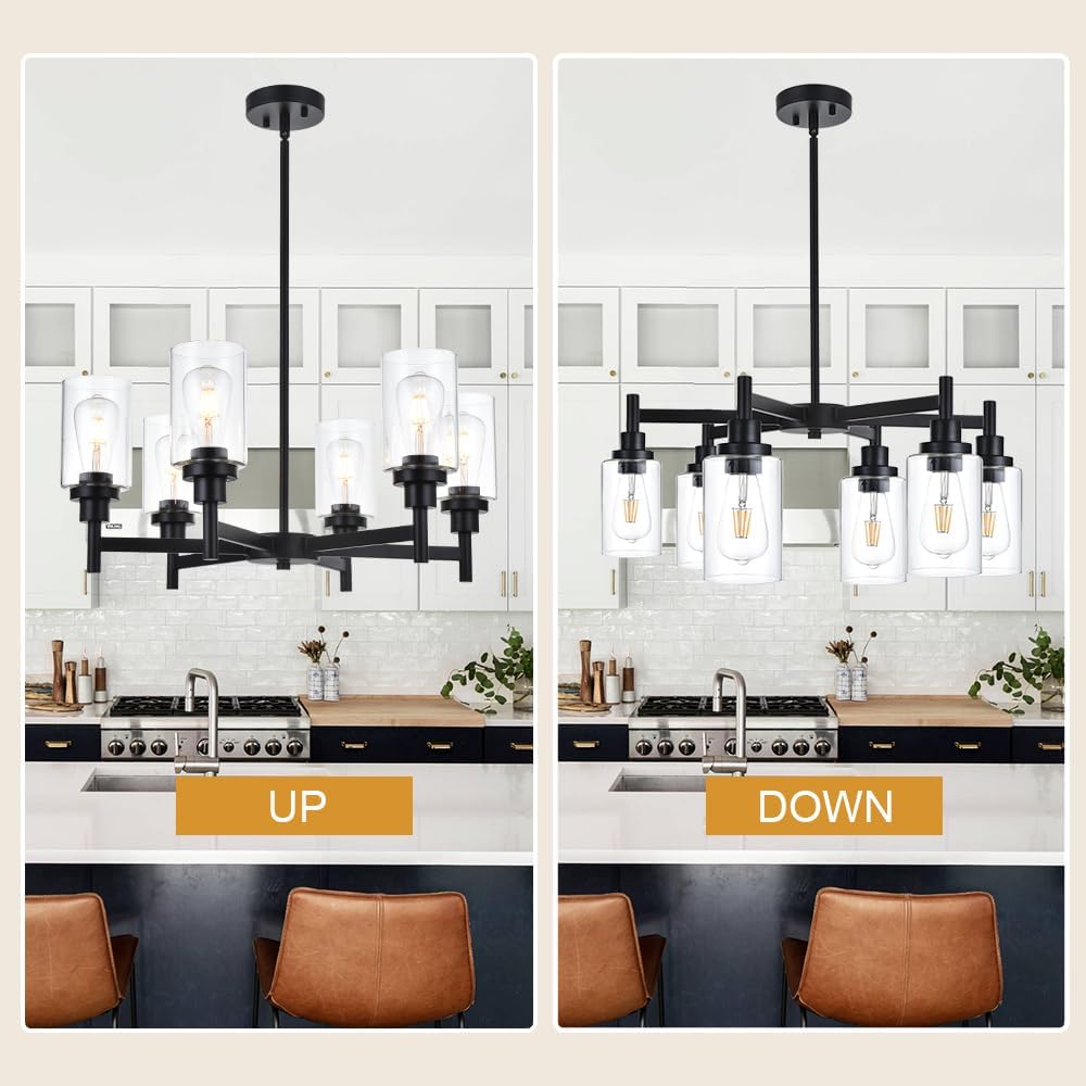 VINLUZ 6 Light Industrial Chandelier Black Pendant Lighting Hanging Fixture with Cylinder Clear Glass for Kitchen Bedroom Dining Room