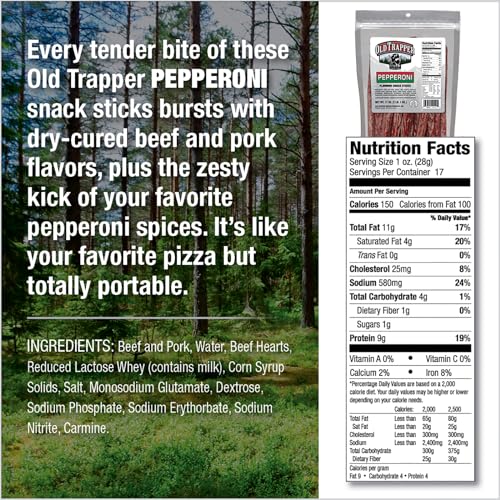 Image of Old Trapper Pepperoni Snack Sticks, 17-Ounce Resealable Bag, Natural Wood Smoked Meat Sticks, 9 Grams of Protein and 150 Calories Per Ounce (Pack of One)
