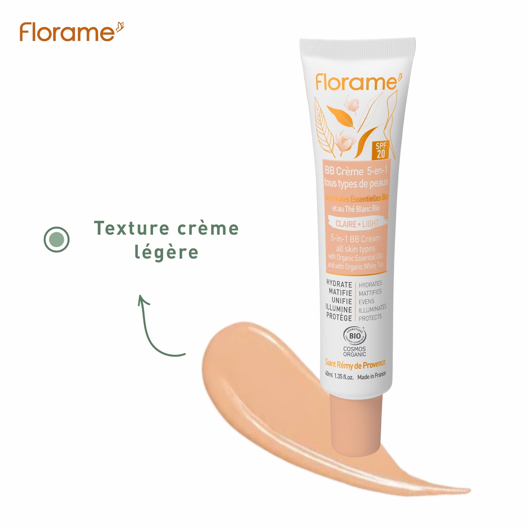 Florame BB Crème 5-en-1 SPF 20 – Teint Parfait Naturel – Hydrate, Unifie & Protège – 40 ml – Fabriquée en France - BB crème Claire