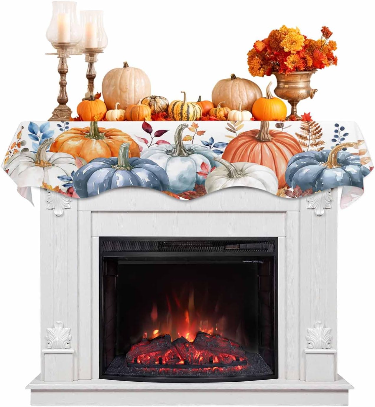Fall Mantel Scarf 70 x 17 Inch, Orange White Blue Pumpkin Fireplace Mantel Scarf Leaves Mantel Cover Runner for Thanksgiving Autumn Harvest Decorations