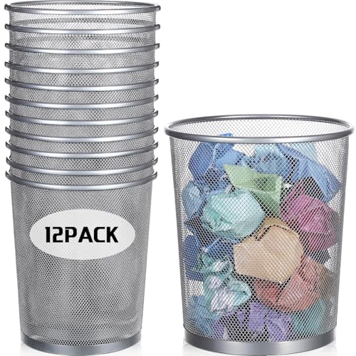 Image of Hushee 12 Pcs Metal Mesh Trash Can Wire Waste Paper Basket Trash Bin Garbage Can for Office Under Desk, Kitchen, Bedroom, Den, Dorm Room, Toilet(Silver,12 Pcs)