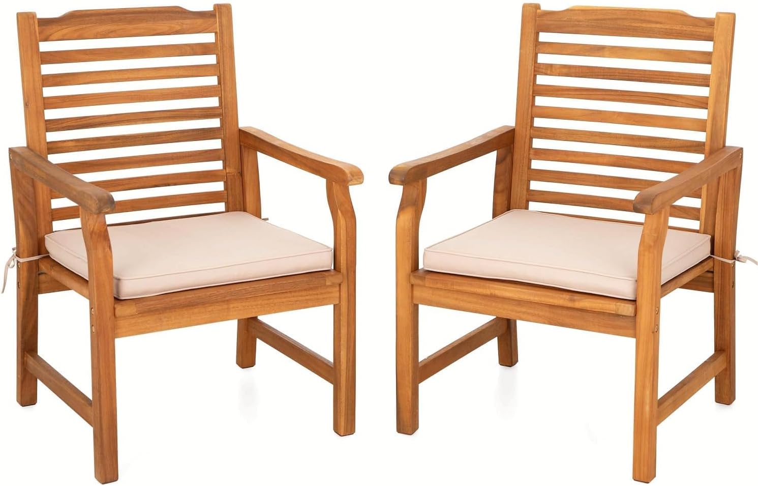MFSTUDIO Acacia Wood Patio Dining Chairs Set of 2, All Weather Extra Large Outdoor Dining Chairs, 2 Pieces Slat Back Teak Finished Patio Chairs with Soft Removable Cushion for Garden, Porch, Backyard