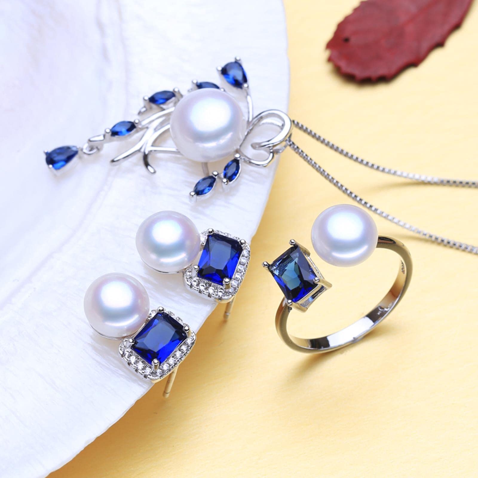 925 Sterling Silber Halskette Naturperlen Schmuck Sets Für Frauen Böhmische Ohrstecker Saphir Anhänger Party Ringe
