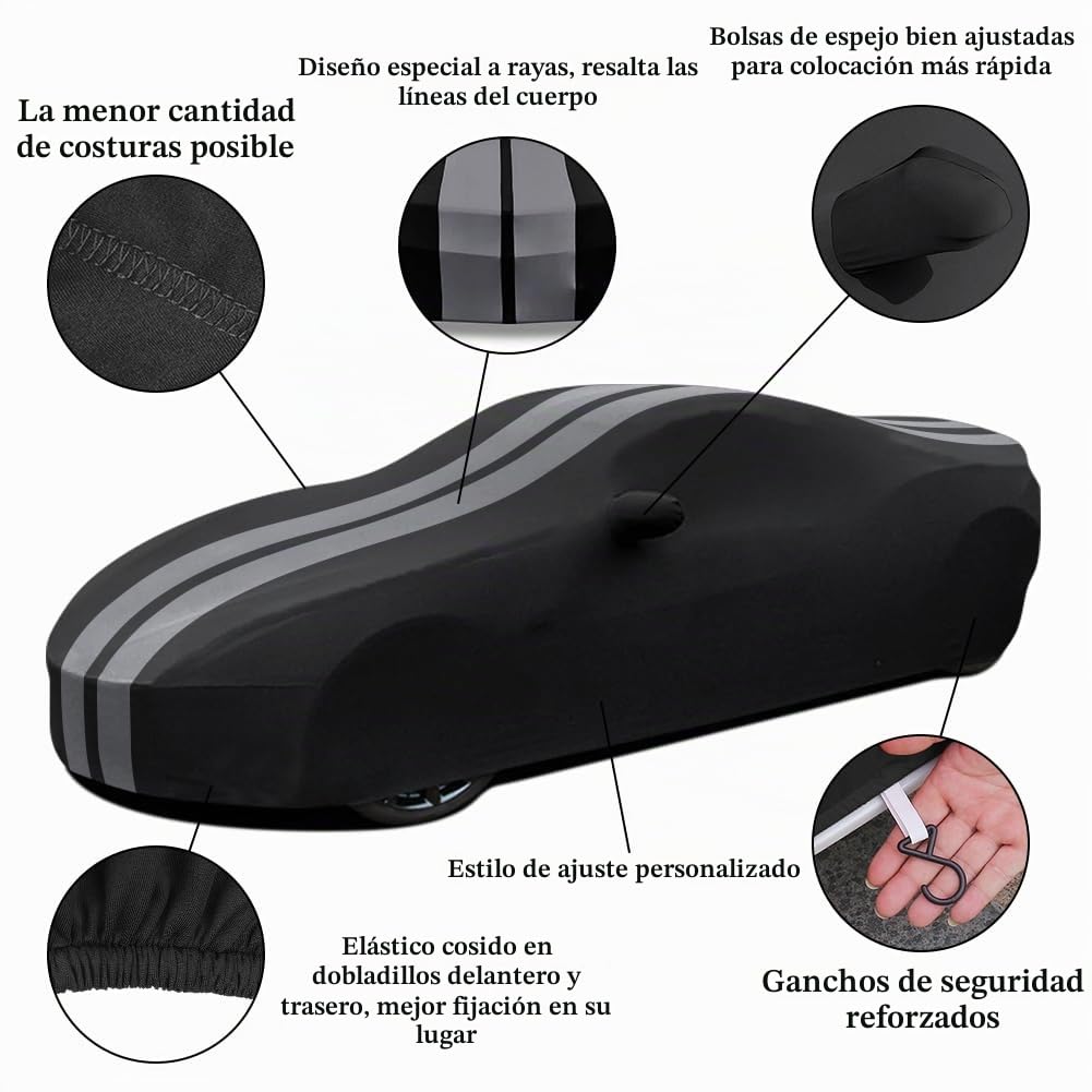 Cubierta de Coche Interior, Funda de Coche Deportivos Tela Elástico de Terciopelo Suave,Antipolvo Transpirable para Garaje Subterráneo,Show/Exhibición de Autos, L4.5~4.85m,Gris Rayas+Negro
