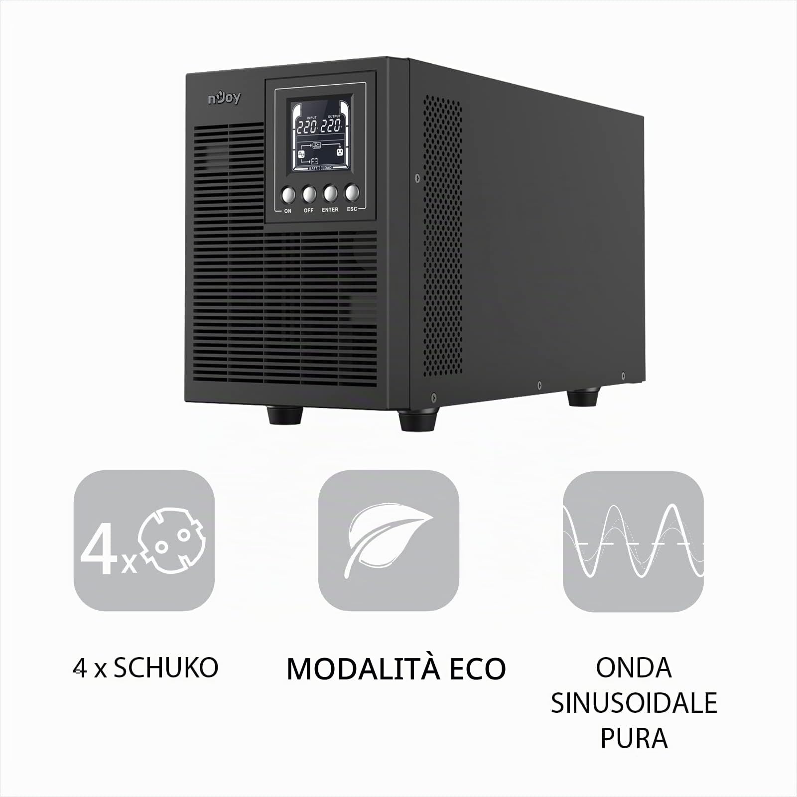 NJOY Echo Pro 2000 Gruppo di Continuità 2000VA 1600 Watt, Doppia Conversione On-Line Onda Sinusoidale Pura, 4 Uscite Schuko, USB, RS232, EPO, Slot SNMP, 4 Batterie 12V-7Ah - Garanzia 3 Anni