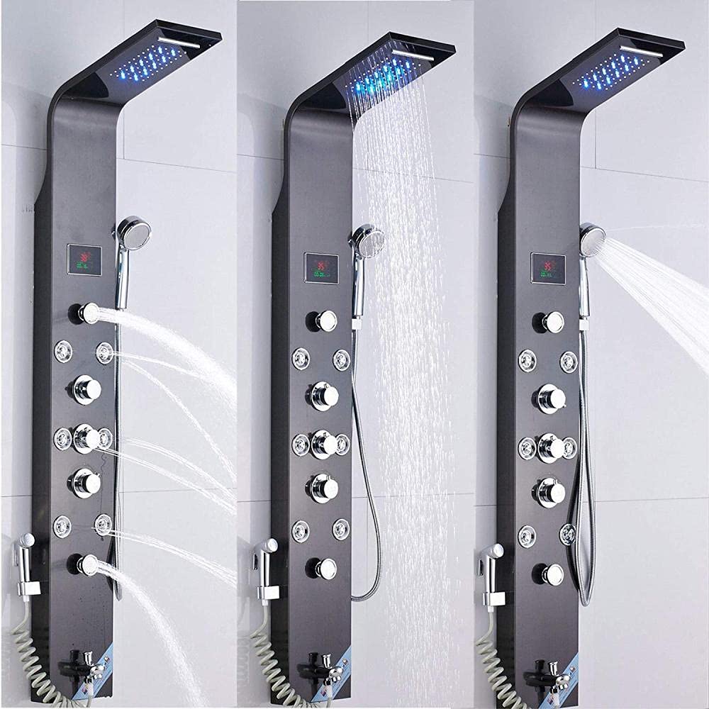 Pannello Doccia LED con Miscelatore a 6 funzioni, Display della Temperatura, Cascata, Massaggio del Corpo e beccuccio per Vasca da Bagno
