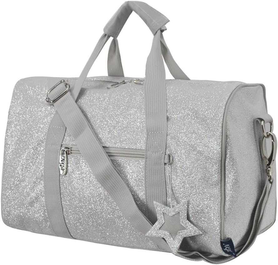 NGIL Super Star Duffle Bag, Mini Dance Bag & Mini Travel Bag for Sports, Gymnastics and Ballet with Adjustable Strap, Zippers, Pockets (Glitter-Silver, Small)