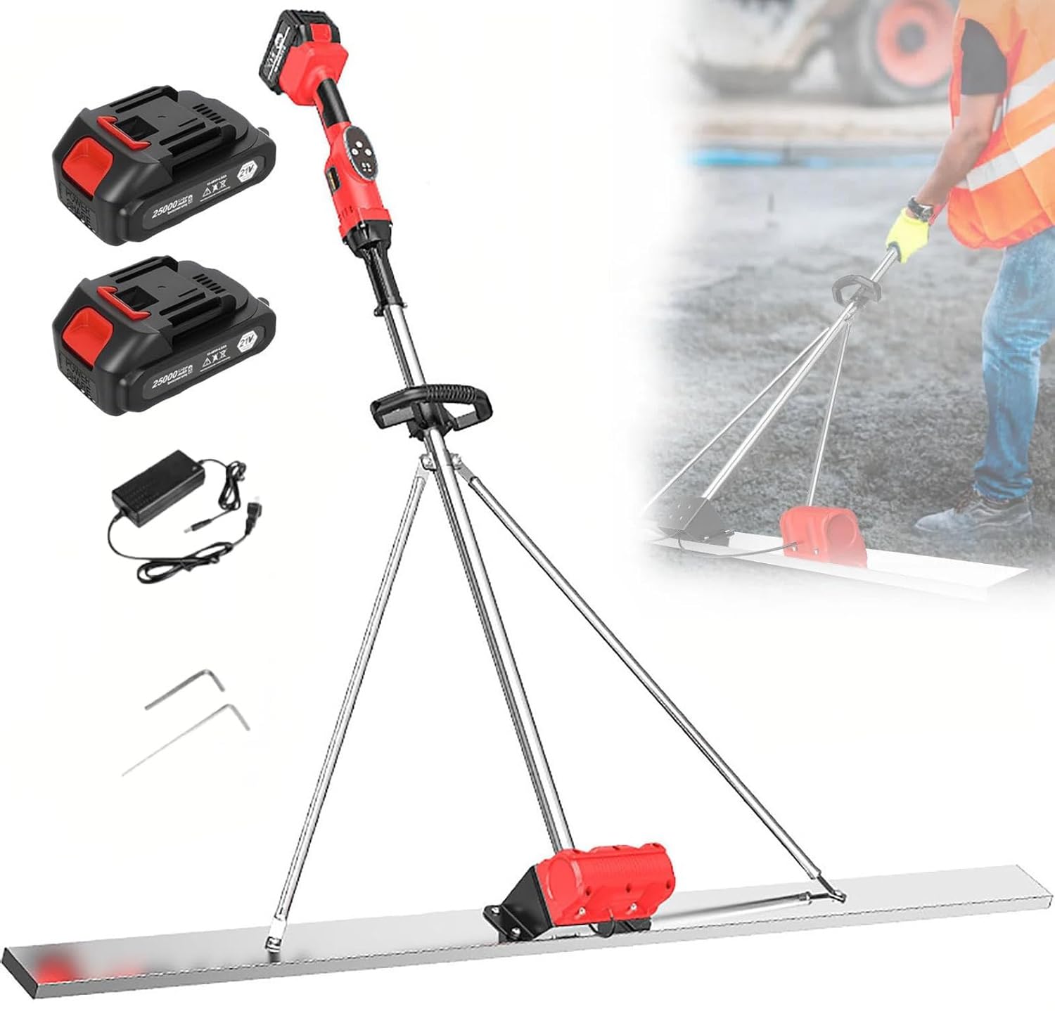 Senodon 2 Batteries Cordless Electric Screed Cement Finishing Vibrating Machine, 21V 6000Rpm Concrete Vibrating Tool, With 150/180/200Cm Stainless Steel Board, 7500Mah Battery