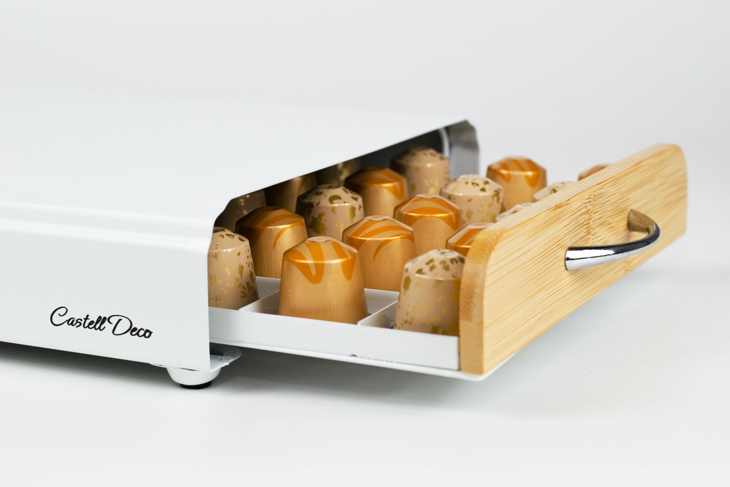 Cajón Cafe Soporte Organizador compatible con Capsulas Nespresso, 100% Metal y Madera, Capacidad 50x, Para almacenar dispensador Capsulas de Café. (Bambu)