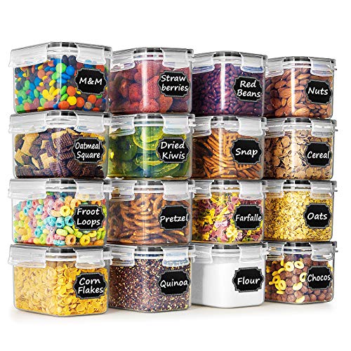 Wildone Cereal & Dry Food Storage Container Set of 16 [0.8L /3.38 Cups] for Sugar, Flour and Baking Supplies, Airtight Leak-proof & BPA Free, with 20 Labels & 1 Marker