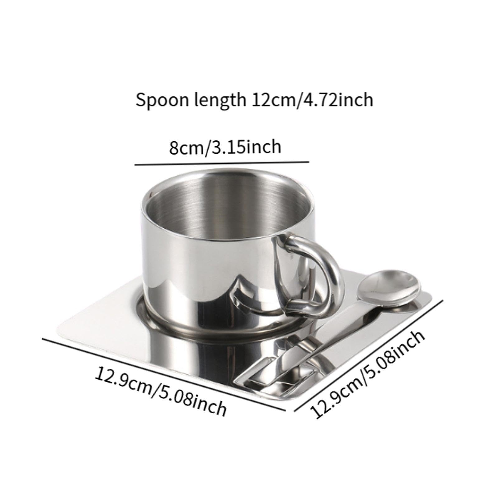 MagiDeal Taza de Café Juego con Plato y Tazas de Leche de Cuchara de Acero Inoxidable Taza de Té Portátil de Metal Portátil para Restaurante, Casa de Cocina