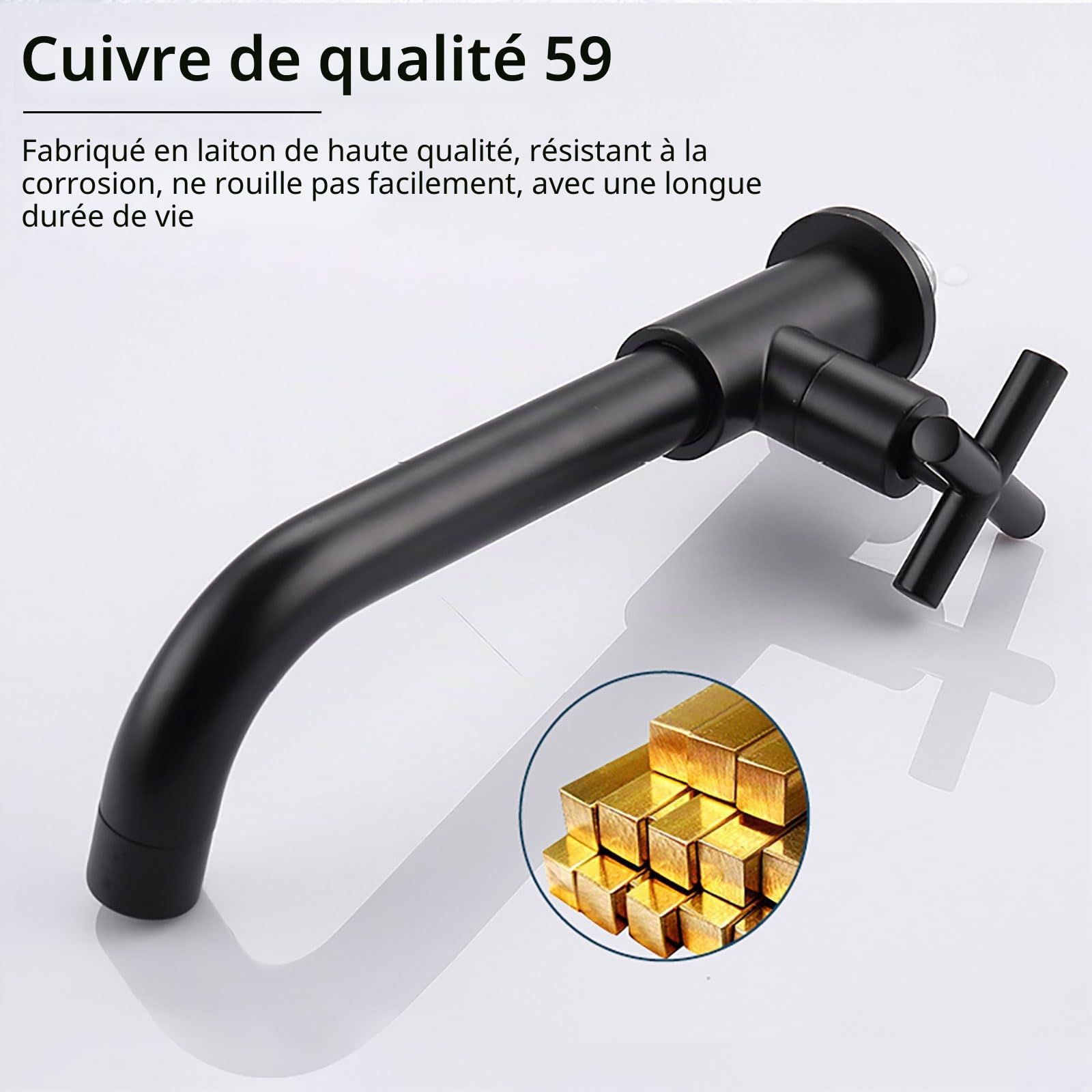 PHASAT Robinet Mural Eau Froide de salle de bain, Robinet de Jardin avec Croix Poignée pour Extérieur, évier à Vadrouille, Noir PTMP20B