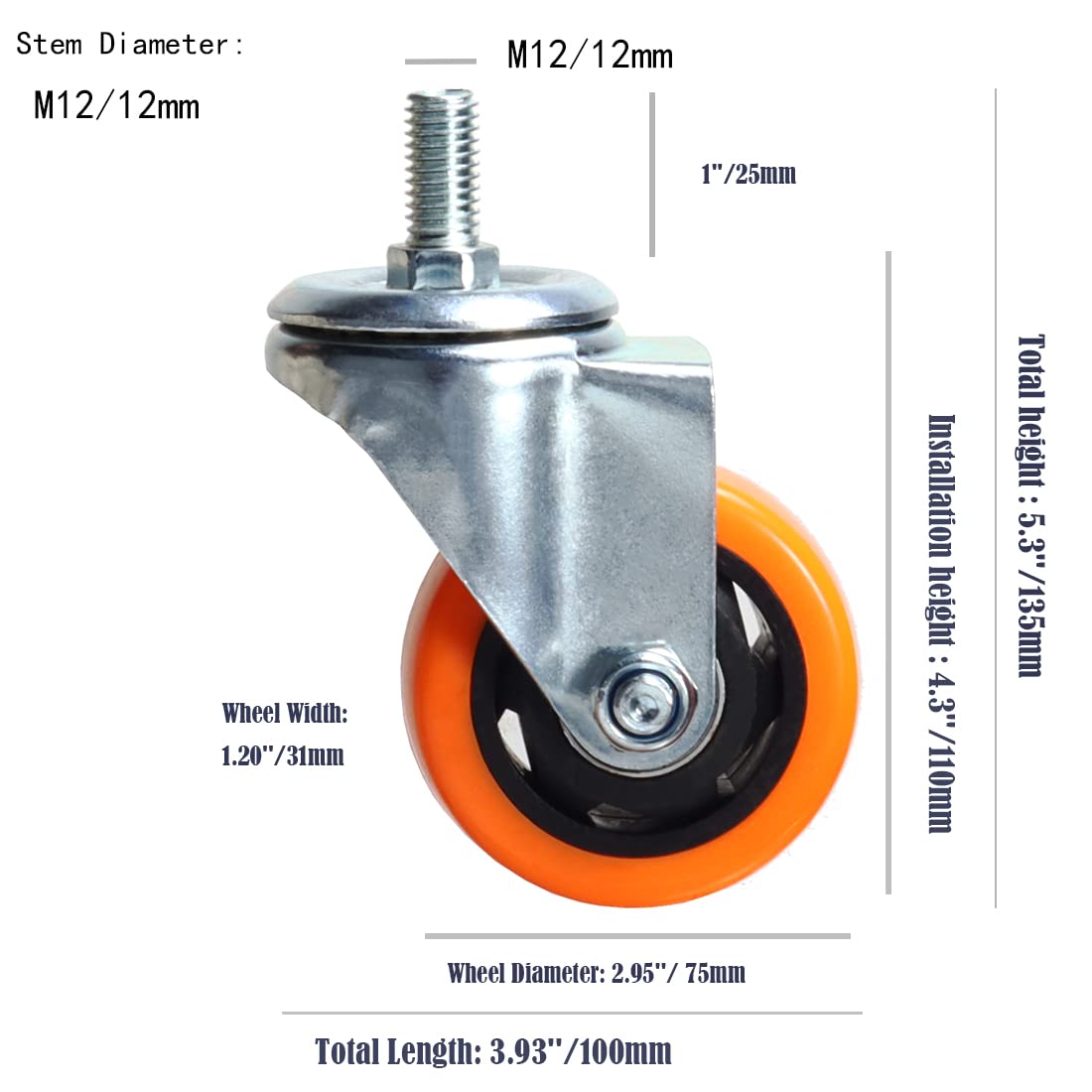 Ruote girevoli resistenti da 3 pollici gialle in PVC con gambo metrico M12-1,75 x 25 mm Ruote di sicurezza fino a 544,3 kg/set per industria e mobili Set da 4 pezzi (7 pollici, senza freno)