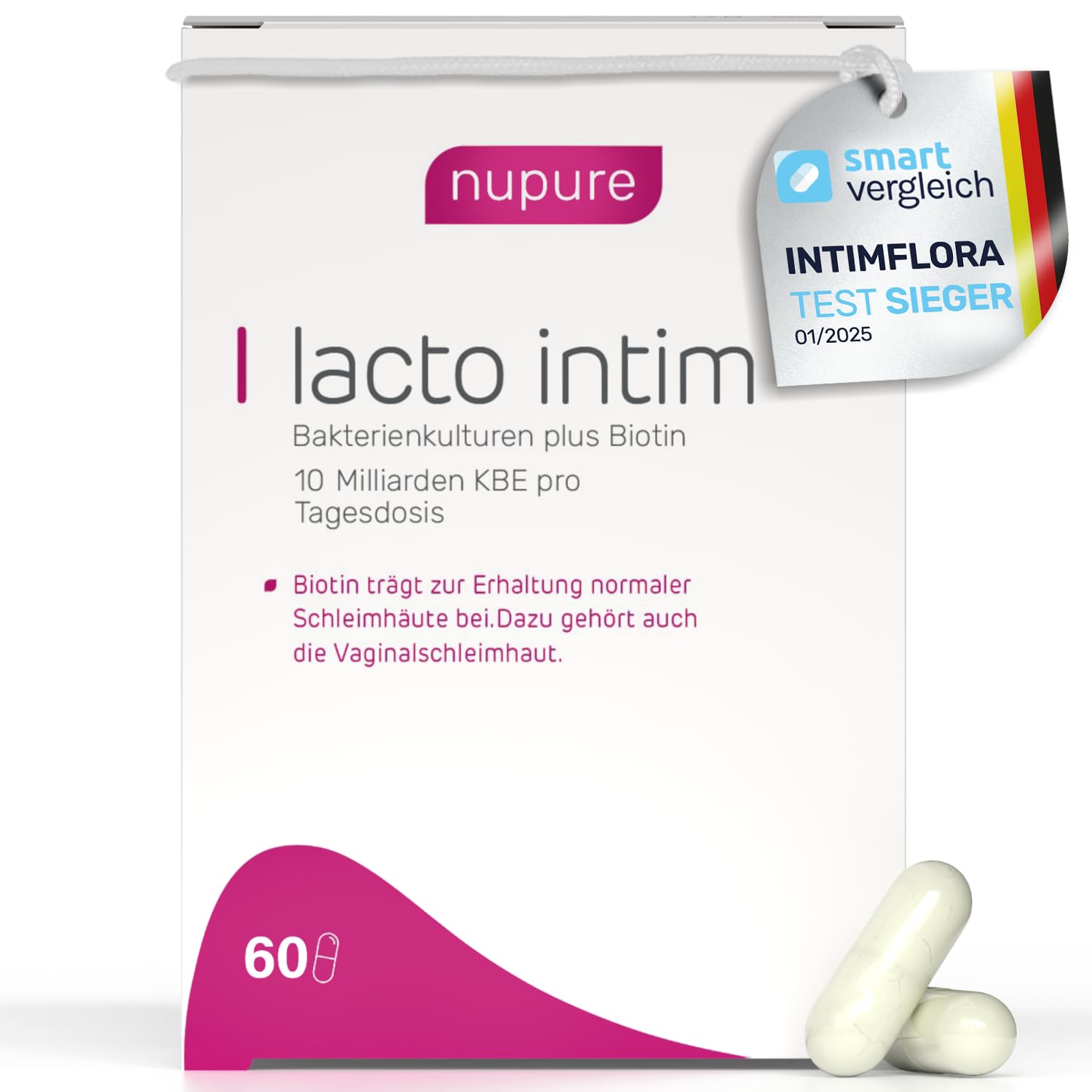 Nupure® Lacto Intim Milchsäurebakterien für Scheide, Zur Regulierung von Vaginalbakterien, Plus Biotin für die Schleimhäute, Orale Einnahme, Vaginal Probiotics, 60 Kapseln, Vegan, laktosefrei.