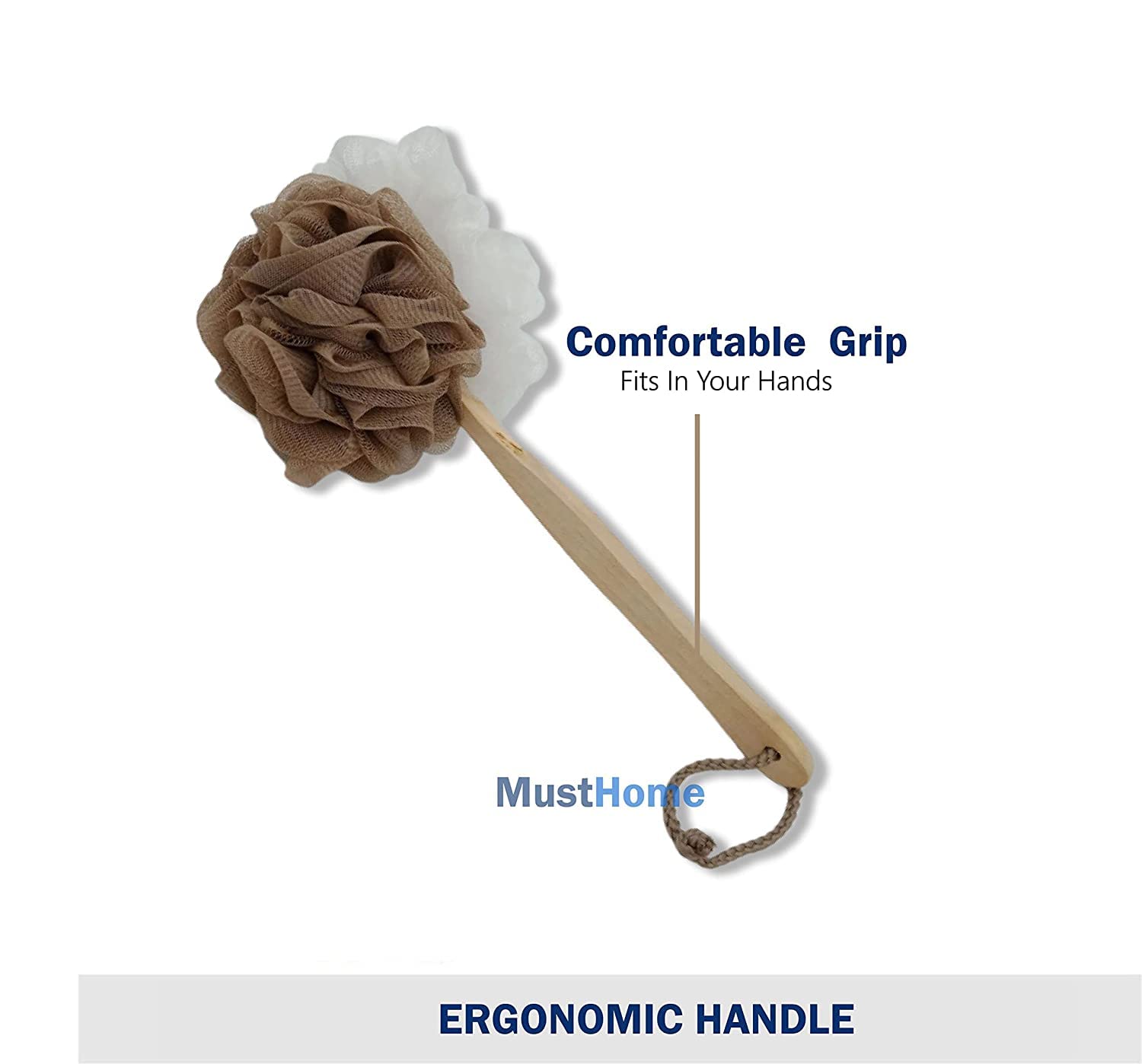 MustHome Back Scrubber For Bathing Back Bathing Loofah With Wooden Handle for Men and Women | Brown | Pack of 1 | Loofah For Back Bathing with handle | Back Scrubber for Bathing 1