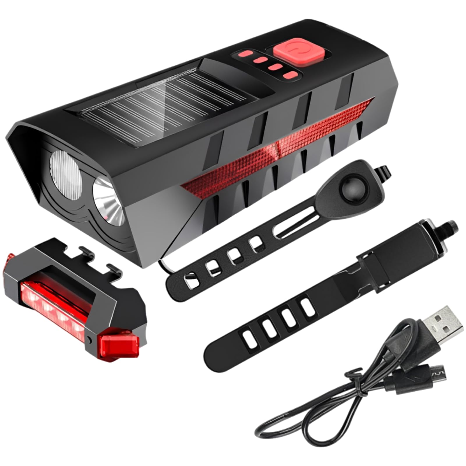 Solar-Fahrrad-Front- und Rücklicht-Set, rote LED-Frontlampe mit Rücklicht und lautem Signalton, Akku 2.400 mAh oder 4.000 mAh, solar aufladbar, leicht zu montieren, für Fahrten bei Dunkelheit