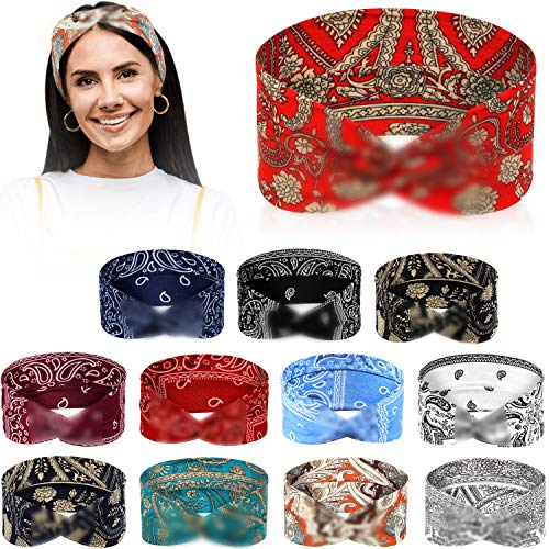 12 Pieces Paisley Twisted Headband Bandana Knotted Headband Boho Elastic Knotted Floral Print Turban Headwrap for Women Girls Yoga Running Sports, 12 Colors