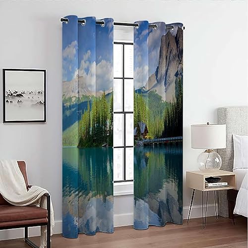 Miniatura 1 de Nature - Cortinas de ventana con aislamiento térmico y ojales para sala de estar, lago, paisaje, casa, vista al campo, 2 paneles de 28 pulgadas de